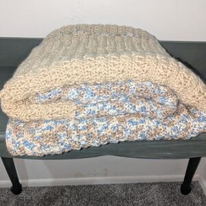 Cozy Beige and Blue Knit Blanket